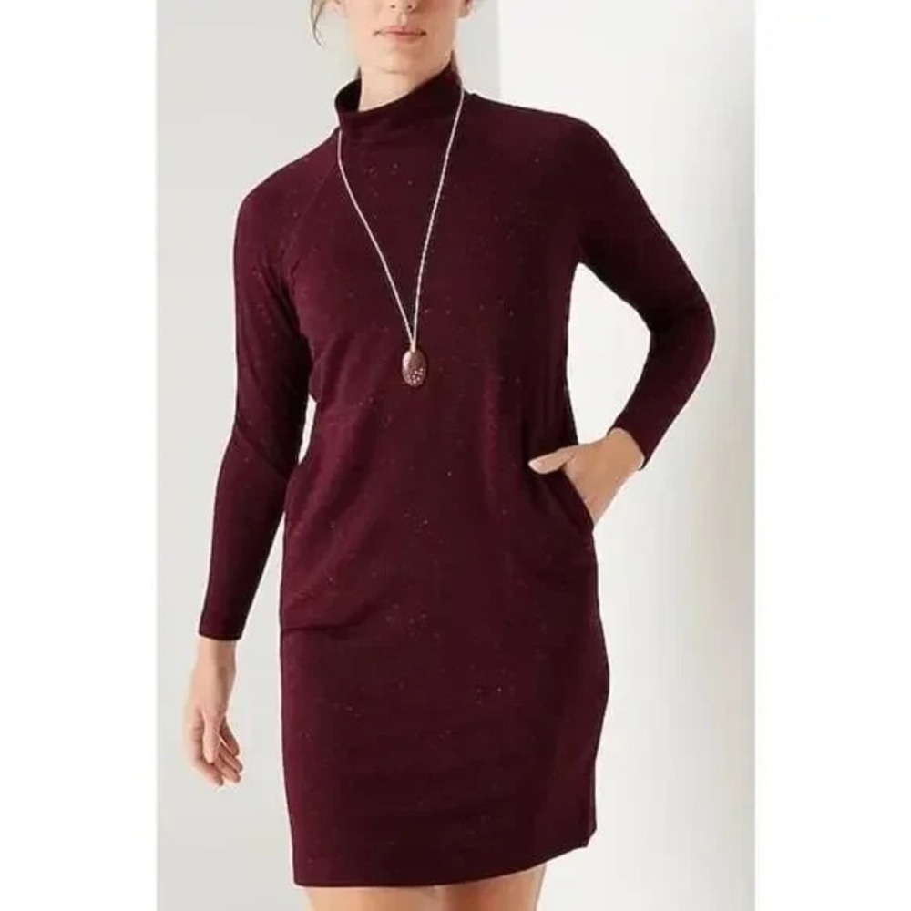 NWT Pure J.Jill Tranquility‎ Fleece Dress Sz L Tunic Pockets Burgundy Mock Neck